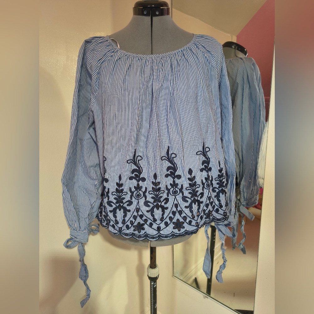 Catherine Malandrino Striped Blue Embroidered Peasant Blouse - Blue